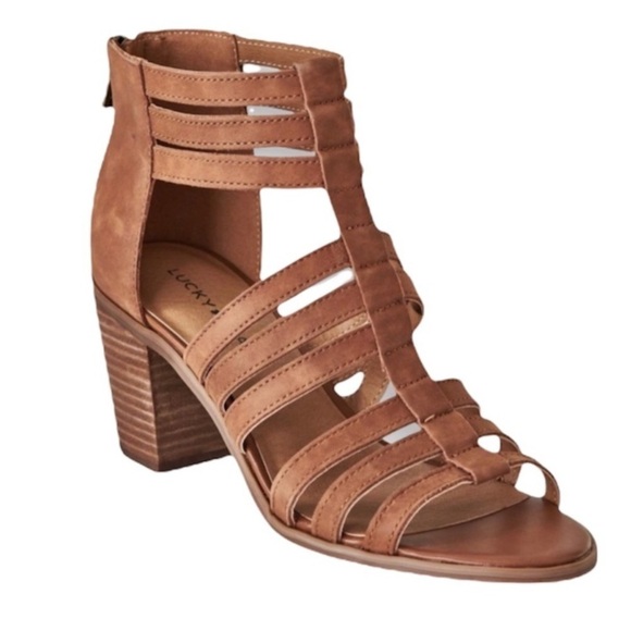 LUCKY BRAND Kyndrah Leather Strappy Zip Back Heeled Sandal Size 9M in Rust Brown - Picture 11 of 13